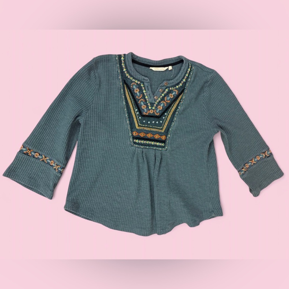 Soft Surroundings Boho  Embroidered Waffle Knit Teal Tunic Top Size Large